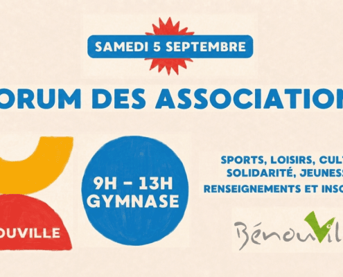 Affiche colorée annonçant le forum des associations à Bénouville, le 5 septembre, de 9h à 13h, au gymnase, avec diverses activités