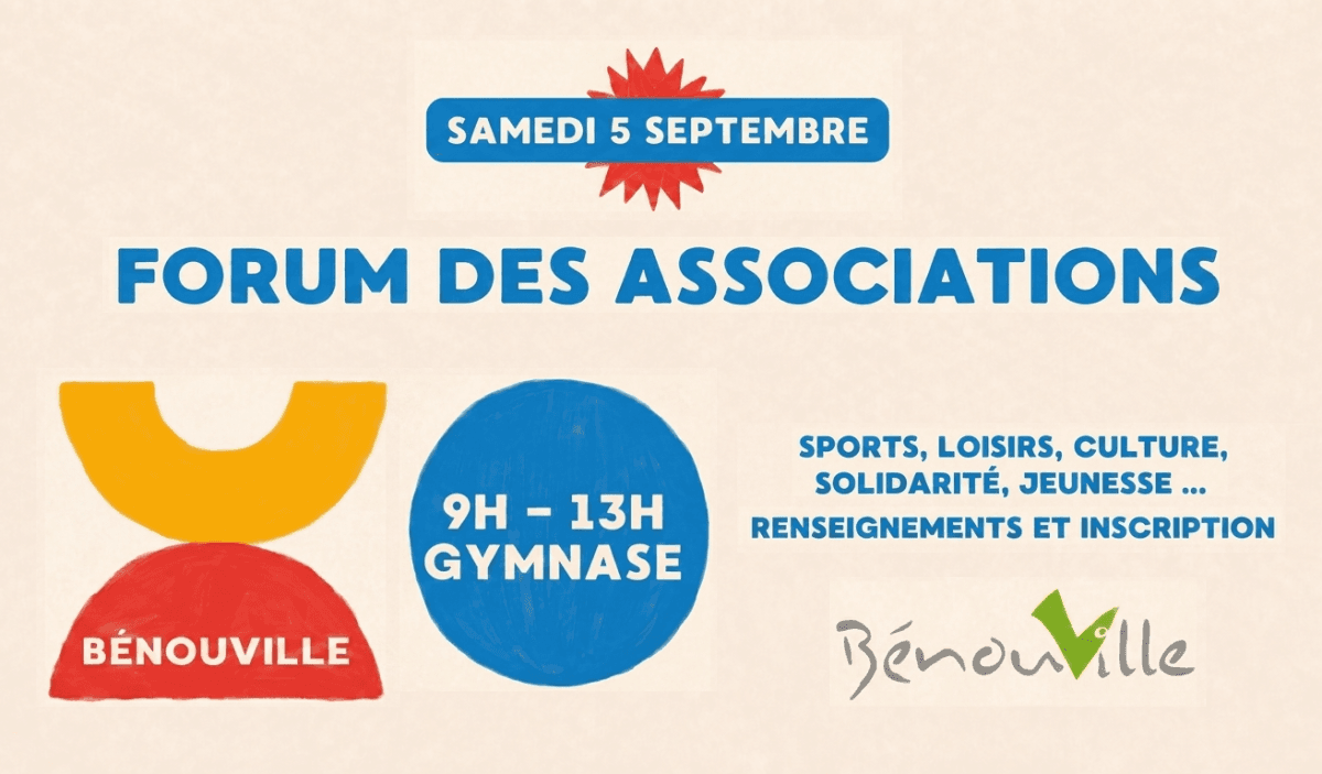 Affiche colorée annonçant le forum des associations à Bénouville, le 5 septembre, de 9h à 13h, au gymnase, avec diverses activités