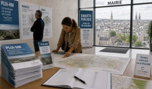 Une femme examine une carte sur un stand d'enquête publique à la mairie, entourée de panneaux d'information sur le PLUi-HM et un registre d'avis