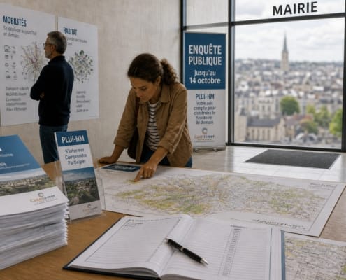 Une femme examine une carte sur un stand d'enquête publique à la mairie, entourée de panneaux d'information sur le PLUi-HM et un registre d'avis
