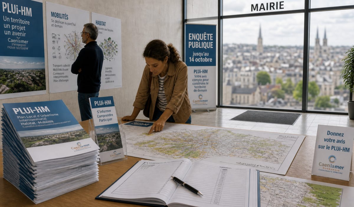 Une femme examine une carte sur un stand d'enquête publique à la mairie, entourée de panneaux d'information sur le PLUi-HM et un registre d'avis