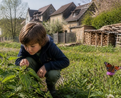 Un enfant observe attentivement un papillon paon-du-jour posé sur une fleur, au milieu d'un chemin bordé de maisons et de verdure
