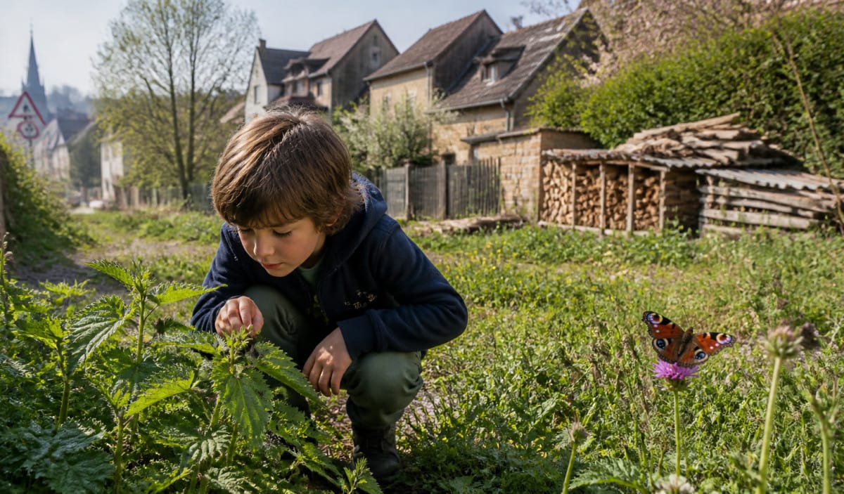 Un enfant observe attentivement un papillon paon-du-jour posé sur une fleur, au milieu d'un chemin bordé de maisons et de verdure