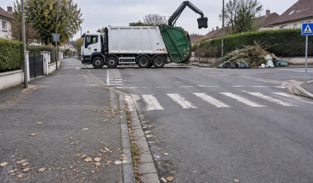 Un camion de collecte des déchets manœuvre à un croisement, avec des sacs de déchets en désordre sur le bord de la route dans un quartier résidentiel