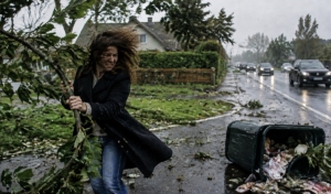 Photo réaliste montrant une femme luttant contre des vents violents, tenant une branche d'arbre