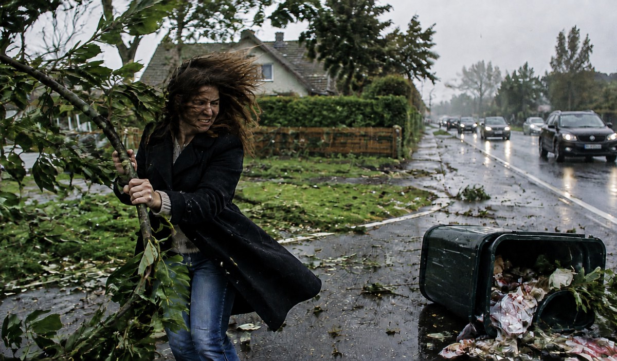 Photo réaliste montrant une femme luttant contre des vents violents, tenant une branche d'arbre